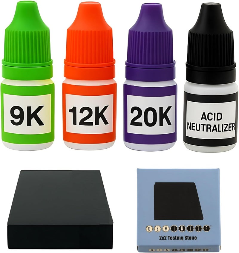 Gold, Silver & Platinum Testing Kit 9K 12K 20k Solutions with 2x2 Test Stone Precious Metal Tester Real/Fake Check Analysis Kit + Acid Neutralizer